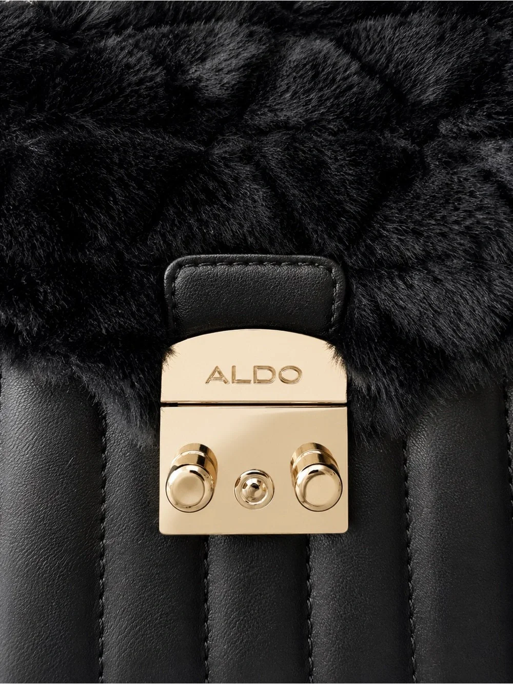 ALDO Black Faux Fur Quilted Mini Top Handle Handbag Gold Hardware